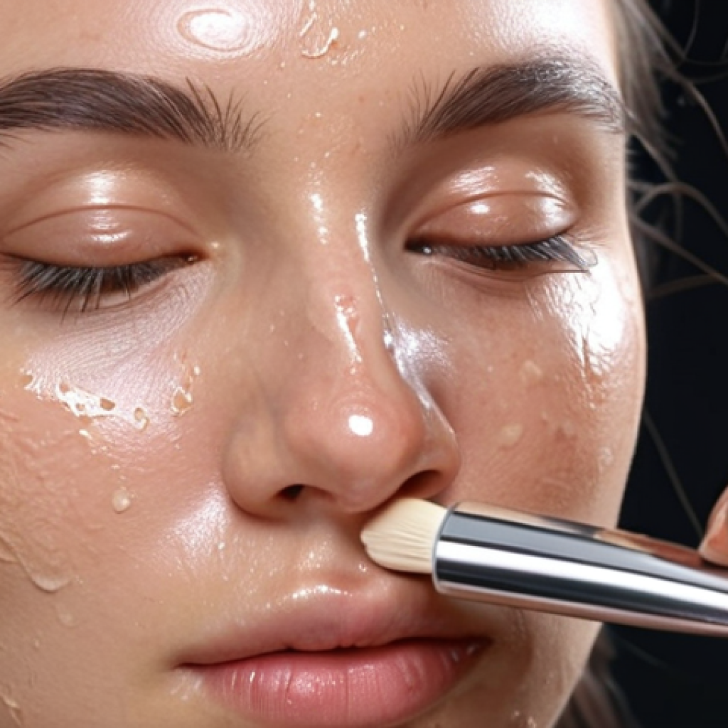 ** A woman with oily skin applying a mattifying, oil-free makeup primer. Focus on the texture and shine control.

**