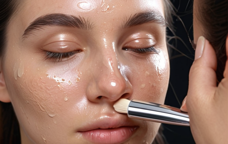 ** A woman with oily skin applying a mattifying, oil-free makeup primer. Focus on the texture and shine control.
**